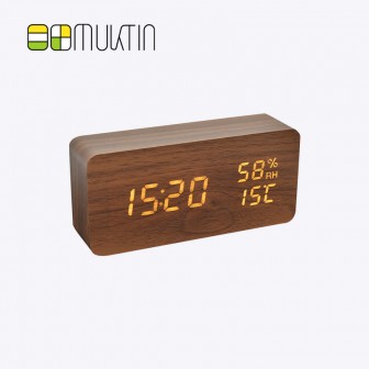 Comfortable electronic wooden alarm clock MT1913 brown wood yellow display